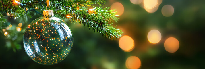 Wall Mural - transparent christmas ball with shiny lights hanging on green christmas tree branch on blurred empty