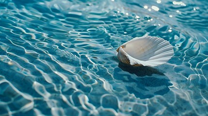 Canvas Print - A single seashell lies on the sandy bottom of a shallow blue sea.