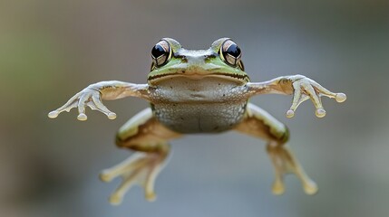 Wall Mural -   A close-up of a frog with stretched legs and wide-open eyes, against a blurred background