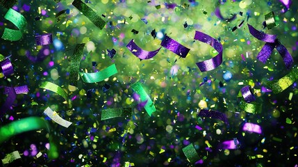 Sticker -   A group of purple and green confetti on a green and purple background with confetti flying