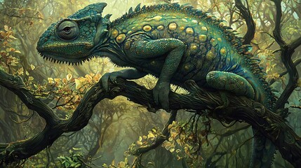 Poster -   A chameleon perched on a forest's leafy branch