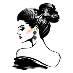 Wall Mural - A woman with a bun on her head and red lipstick. She is wearing a necklace and earrings