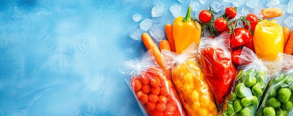 Colorful fresh vegetables packed in bags on a blue background with ice.