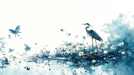 Sticker -  Heron & Flock flying over water with flowers in foreground