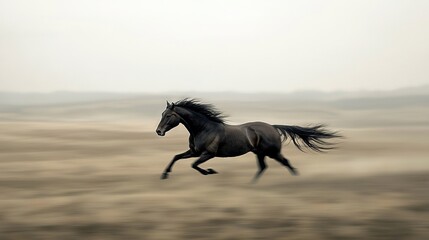 Canvas Print -    a black horse galloping in a field under a gray sky Another picture of a sharp focus black horse speeding forward