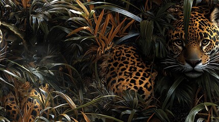 Sticker -   A tight shot of a leopard in a jungle surrounded by foliage in both the foreground and background