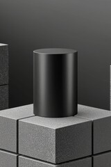 Wall Mural - Design of a minimalist geometric pedestal for showcasing products. An abstract black background, an empty mock up template, a cylindrical shape, as well as a blank stage are shown in the rendered