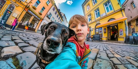 Boy and Dog Selfie in European City: A wide-angle shot captures the joy of a young boy taking a selfie with his loyal black Labrador Retriever in a vibrant European city square. 