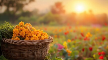 Wall Mural - Wicker basket of yellow flowers in vibrant meadow at sunset