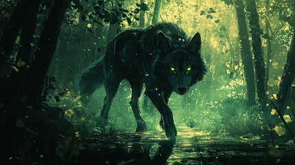 Poster -   A wolf strolls amidst towering trees and rustling foliage, its eyes aglow with radiance