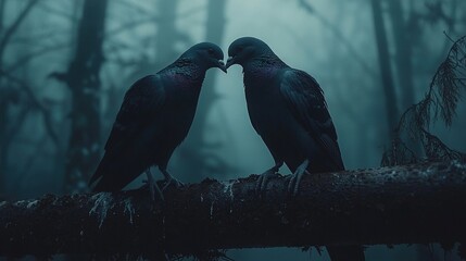 Canvas Print -   Two black birds perched on a tree limb amidst a dense woodland, framing a hazy sky