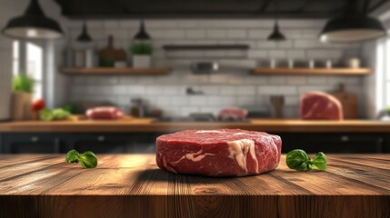 Fresh raw beef steak on wooden countertop in modern kitchen background, ready for cooking and culinary preparation.