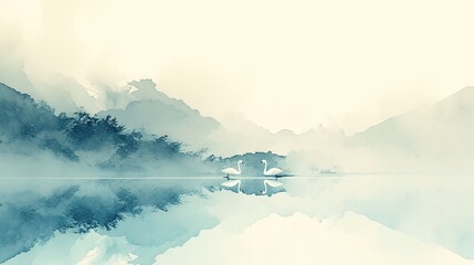 Poster -   A watercolor depiction of majestic mountains reflecting on a serene body of water, surrounded by lush trees in the foreground and mysterious fog in the backdrop