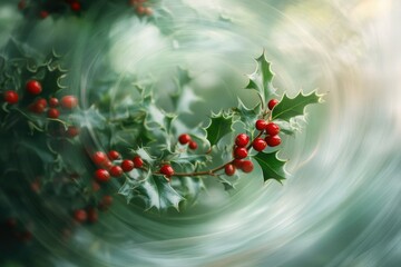 Sticker - Holly Sprig with Red Berries and Abstract Green Swirls