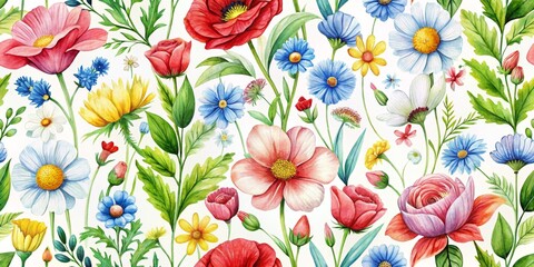 Watercolor Floral Seamless Pattern Blooming Garden with Red, Blue, and Yellow Flowers on White Background