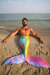 Rainbow Merman on the Beach: A man with a beard lays on the beach in a colorful mermaid tail, looking relaxed and happy.  Sunlight shines on his skin and tail, and the ocean is visible behind him.