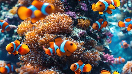   A school of clownfish swim alongside a cluster of sea anemones in a vibrant coral reef