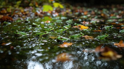 Canvas Print -   A close-up of wet leaves on the ground