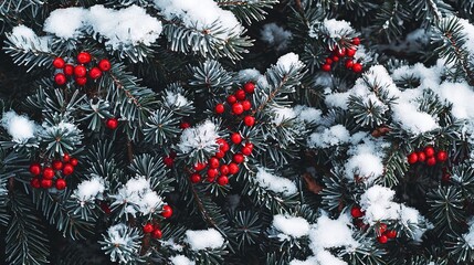 Poster -   Close-up of a pine tree with red berries on its branches and snow on the same branches