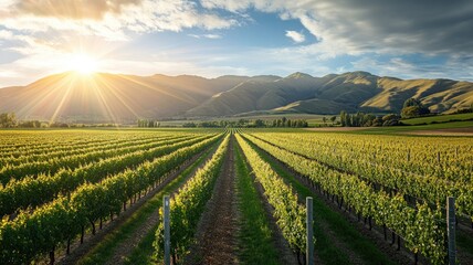 Wall Mural - Sunlit vineyard at sunrise with mountains in background
