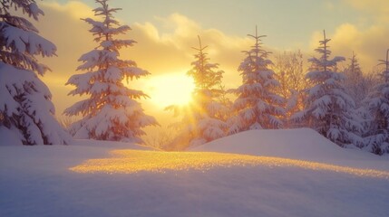 Wall Mural - Snow-Covered Pine Trees with Golden Sunset Light