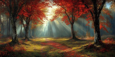 Poster - Sunlight streams through the trees in a vibrant fall forest.