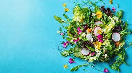 Wall Mural -   A colorful salad of green leaves, radishes, and flowers set against a blue backdrop with sprinkled toppings