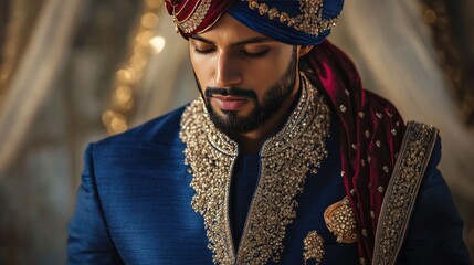 A stunning wedding suit in royal blue with intricate detailing, complemented by a traditional turban and ornate accessories.