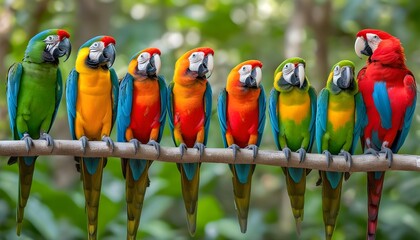 Wall Mural - Vibrant Parrot Family Perched Amidst Colorful Branches