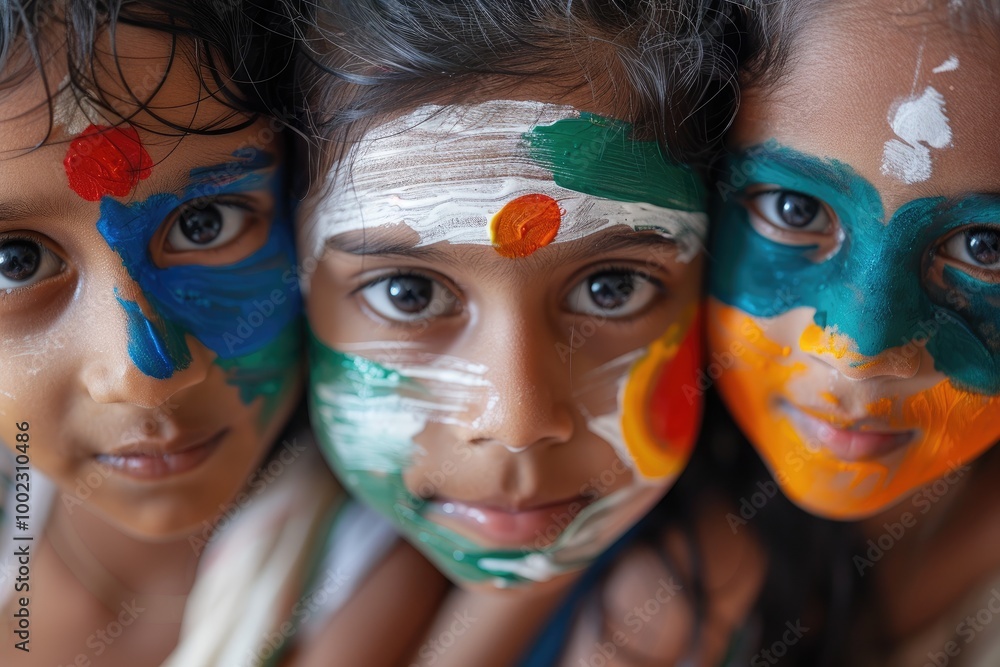 Close-up of three children with their faces painted in the colors and ...