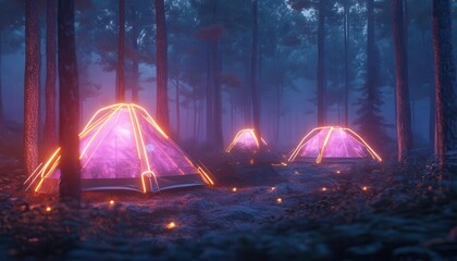 Canvas Print - Camping trip with augmented reality tents and futuristic camping gear, set in a glowing forest  Futuristic  Neon  Eco-Friendly