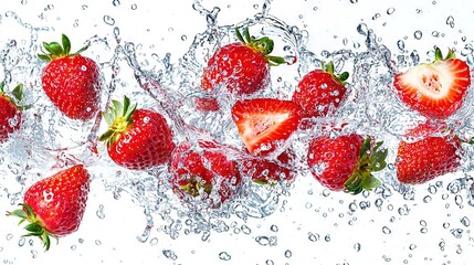 Sticker -   A cluster of strawberries diving into a glass filled with water and a splash of water on top