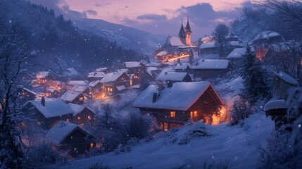 Poster - A Snowy Village at Dusk with a Church Spire