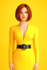 Wall Mural - A woman in a yellow dress with a black belt. She is standing in front of a yellow background