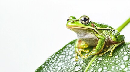 Sticker -   A close-up photo of a frog perched on a leaf with droplets of water on its surface, against a pure white backdrop