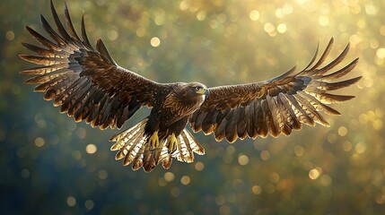 Poster -   A close-up of a bird of prey soaring in the air, displaying its spread wings