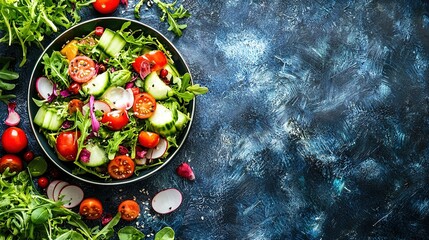 Wall Mural -   A crisp, vibrant salad featuring cucumbers, juicy tomatoes, crunchy radishes, sweet onions, and fresh lettuce in a satisfying bowl