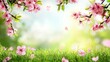 © Olga - A meadow dotted with vibrant pink blooms against a serene blue sky filled with fluffy white cloud formations