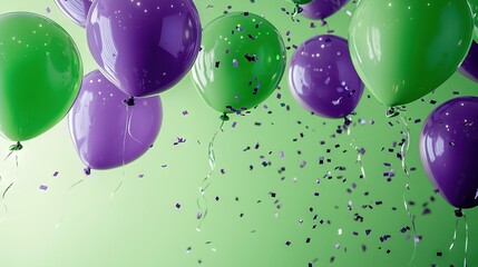 Poster -   Purple and green balloons with streamers of confetti on a green background, surrounded by more confetti at the base