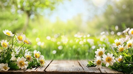 Poster -   Wooden table with flowers atop green grass under sunlit trees in background