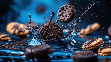 Wall Mural -   A chocolate cookie splashes into the water with cookies in the foreground