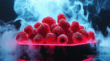 Wall Mural -   A red plate with a heap of raspberries on top and wafts of smoke emanating from its peak