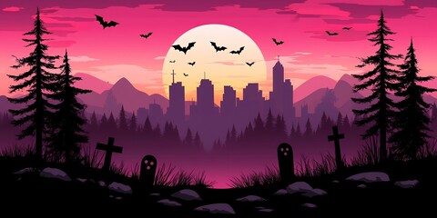 Canvas Print - Spooky Halloween cityscape with bats and a full moon.