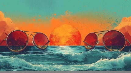 Wall Mural - Artistic summer scene featuring vintage postcardstyle beach with rolling waves oversized sunglasses and vibrant orange and blue hues