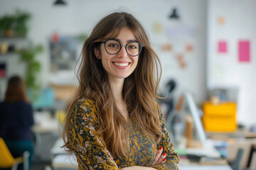 happy female business woman standing in an office smiling