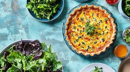 Poster -  Quiche on blue tablecloth with surrounding plates of salad and condiments