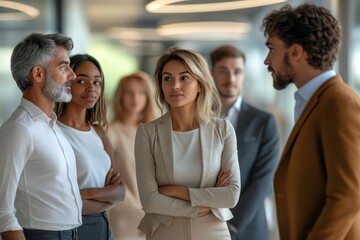 Wall Mural - Group of successful multiracial people communicating and discussing business while standing in the modern office after meeting, Generative AI