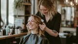 Blonde woman getting her hair done at a salon