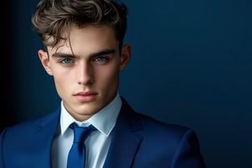 Poster - close up Young man posing in classic blue suit - generative ai