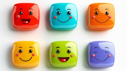 Set of rounded square colorful buttons with happy and love face symbol in blue, green, yellow, orange, purple and red colors